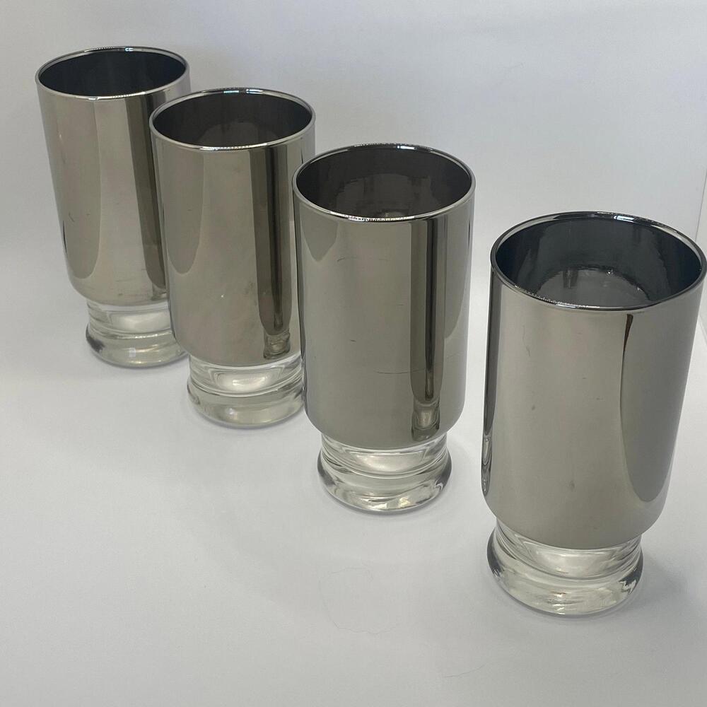 MCM Mercury Coated Collins Glasses | Footed Highball Tumblers | Vintage Silver